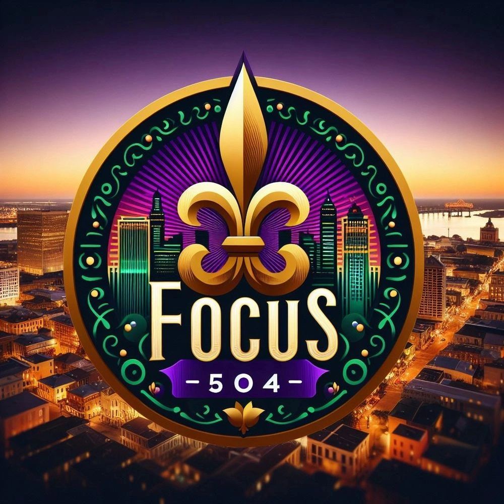 Logo with a fleur-de-lis and the word 'Focus 504' over a cityscape at sunset.
