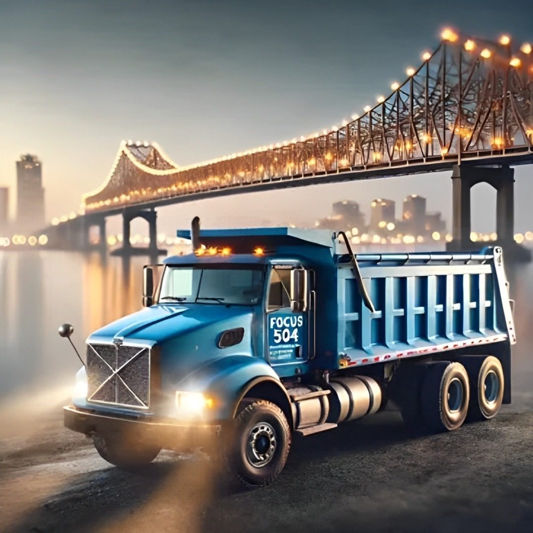 A blue dump truck on a city street near a lit bridge at dusk.